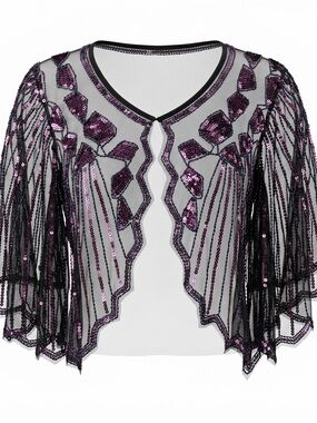 Sequin Embellished Sheer Cape Shawl Black With Purple & Blue Embellishment OS